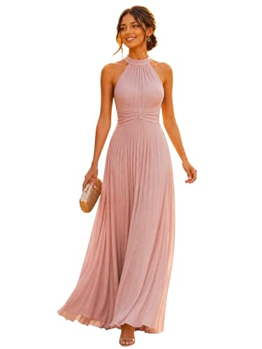 Image of Ever-Pretty Women's Elegant Halter Formal Dresses Evening Gowns Pleated Glitter Floor Length Wedding Guest Dress Pink US8