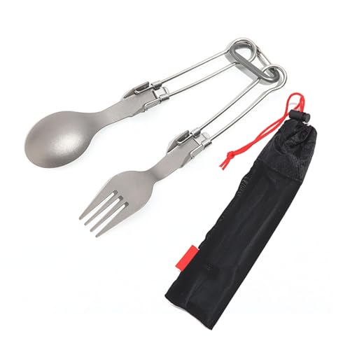 Watreketal Stoviglie da campeggio pieghevoli in metallo da esterno con borsa portaoggetti, forchetta, cucchiaio, utensili da viaggio per picnic all'aperto