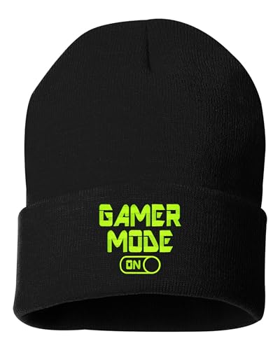 One Size Black Cuffed Gamer Mode On Funny Gift for Video Game Lovers Embroidered Cuffed Knit Beanie Cap