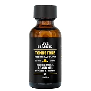 Live Bearded Beard Oil, 1 fl oz – Premium All-Natural Jojoba – Made in the USA – Hair and Skin Care for Men with Dry, Flaky Patches | Tombstone Scent – Sweet Tobacco, Cedar