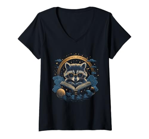 Mujer Amante de los libros de lectura de mapaches Moon Celestial Dark Academia Camiseta Cuello V