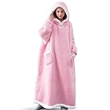 IvyH Manta con Capucha, Manta Larga para Usar con Bolsillos Franela Mullida Sherpa Manta de TV Sudadera Bata de Invierno Talla única para Hombres Mujeres y Adultos