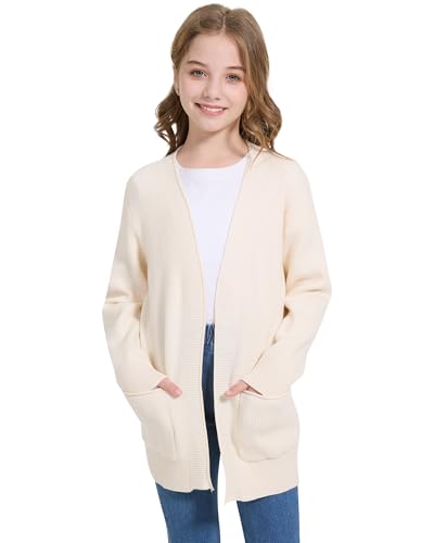 Image of WULFUL Girls Long Sleeve Cardigan Kids Casual Open Front Oversized Sweater with Pockets