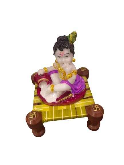 DN EnterprisesDN Enterprises Small Laddu Bal Gopal Idol Statue on Pidda for Pooja, Home, Office Decoration (15cm Height) | Baby Krishna Sculpture | Makhan Chor Religious Gift