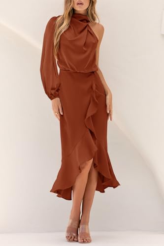 MITILLY Women's Satin Formal One-Shoulder Mock Neck Long Sleeve Bodycon Wrap Mermaid Hem Cocktail Party Maxi Dress New2