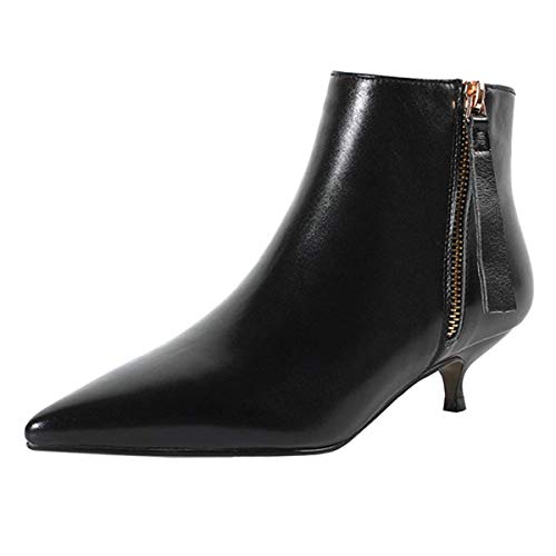XYD Women Comfort Kitten Low Heel Leather Ankle Boots Pointed