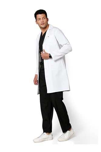KNYA Mens Long Sleeve Full Length Lab Coat | Medical White Coat with 3 Pockets for Doctors Nurses & Medical Students | Laboratory Uniform Male Medical Apron for Science Lab
