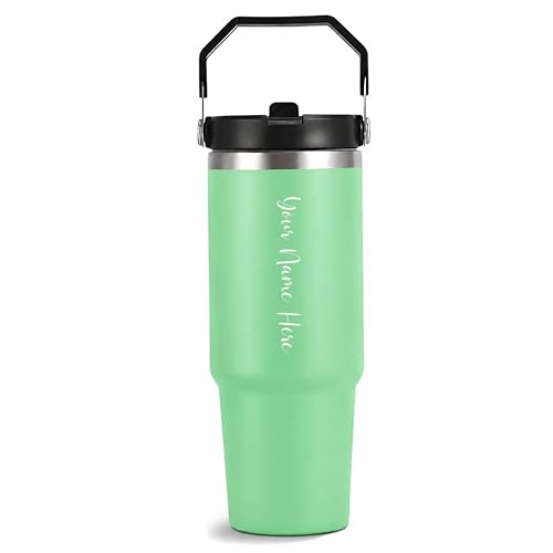 Image of SAVRI Personalized Stainless Steel Straw Tumbler (1200 ml) - Double Wall Vacuum Insulated Travel Mug with Lid & Straw, Custom Name & Logo Engraving. (900 ml Light Green Tumbler)