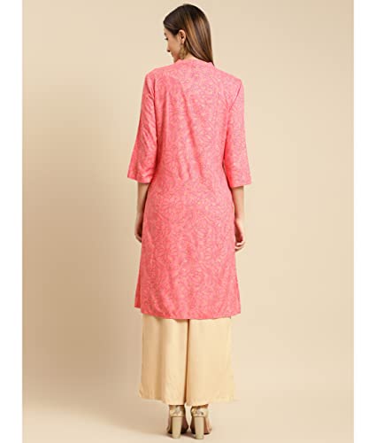 Image of rangita Peach Rayon Calf Length Embellished Straight Kurti for Women | Kurta for Women