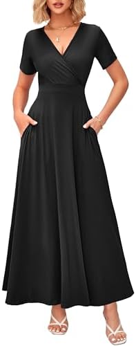 WNEEDU Women's Summer Maxi Dress Short Sleeves Wrap V Neck Long D...