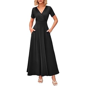 WNEEDU Women’s Summer Maxi Dress Short Sleeves Wrap V Neck Long Dresses with Pockets