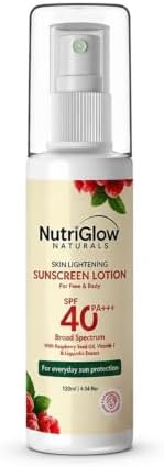 NutriGlow Naturals Skin Lightening Body Sunscreen Lotion for Face & Body | SPF 40 PA+++ | Broad Spectrum UVA & UVB Protection | With Liquorice Extract, Raspberry Seed Oil & Vitamin E | Lightweight, No White Cast, Non-Greasy | For Men & Women | All Skin Types- Oily, Dry, Sensitive |120 ml