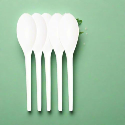 Disposable CPLA Compostable Spoons, White, 6.5 Inch Length, Biodegradable Material, Pack of 50