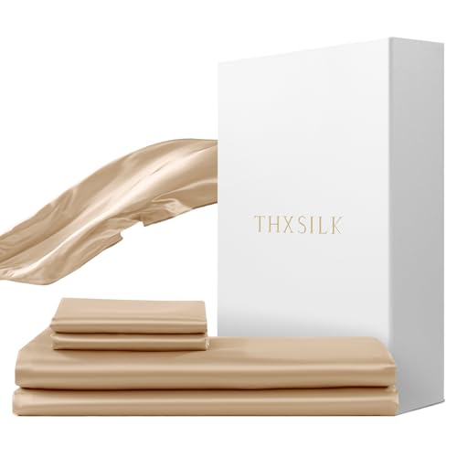 THXSILK Seidenbettwäsche Set 2 teilig，Bettbezug 135 x 200 cm und 80 x 80 cm Kissenbezug, Luxus Seide Bettwäsche Set, Super Weich und Glatt, Champagner
