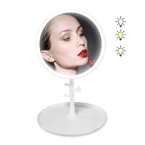 Ovker espejo cosmético con iluminación, pie de maquillaje antideslumbrante, 3 colores de luz LED, brillo regulable e interruptor táctil