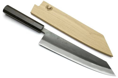 Image of Yoshihiro Kurouchi Black-Forged High Carbon Blue Steel Stainless Clad Kiritsuke Japanese Multipurpose Knife Ebony Handle (9.5 inch (240mm) & Saya)