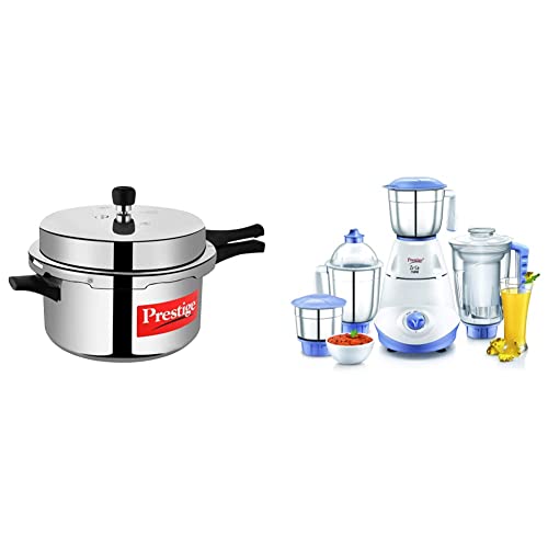 Image of Prestige Popular Aluminium Pressure Cooker, 7.5 Litres, Silver and Iris 750 Watt Mixer Grinder with 3 Stainless Steel and 1 Juicer Jars (White and Blue)