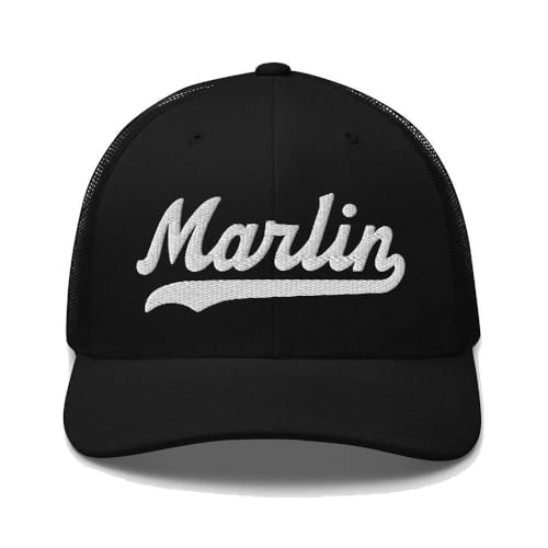 Marlin Hat Marlin Trucker Hat Baseball Script Embroidered Cap Vintage Sports Mesh Swoosh Gift Souvenir Headwear PA TX Black