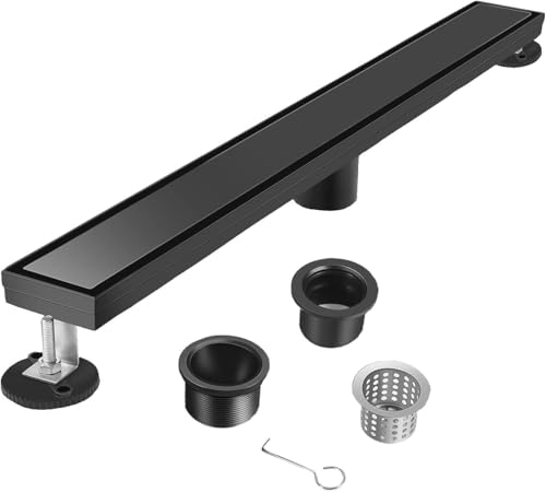 Bmvlffs 34-Inch Linear Shower Drain with Tile Insert Grate, Matte Black Rectangle Floor Drain 304 Stainless Steel Including Hair Strainer