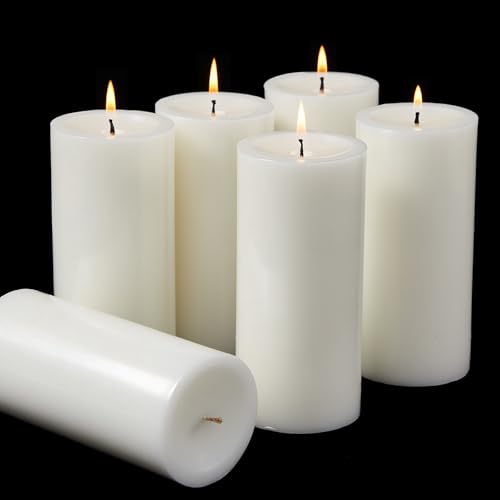 Ashlux 3x6 Inch White Pillar Candles Set of 6 Wax 70 Hours Long Burning Unscented and Dripless Pillar Candles Bulk for Christmas Lights Wedding Parties Spas Home Decorative
