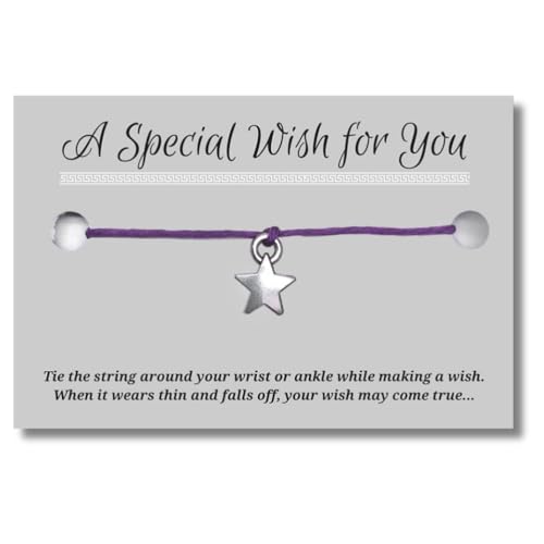 Little Star Purple Wish Bracelet, Hemp with Tibetan Silver Charm on Printed Card, 12 inches long, Adjustable Unisex Design, Friendship Anklet, Gift for Women