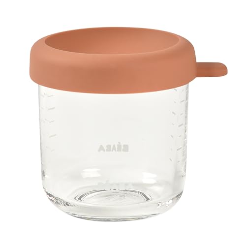 BEABA 8 oz Glass Baby Food Jars with Soft Silicone Air Tight Lids, Glass Storage Containers with Lids, Microwave and Freezer Safe Containers, Terracotta