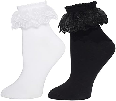RMSWEETYIL Lace Ruffle Frilly Socks for Women, Lace Ankle Socks (2 Pairs-white+black)