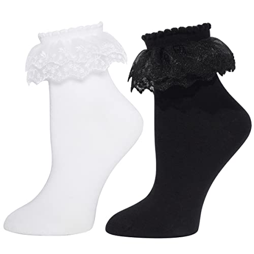 Rmsweetyil Lace Ruffle Frilly Socks For Women, Lace Ankle Socks (2 Pairs-White+Black) #TOP21