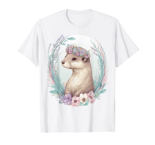 Carino Acquerello Lontra Fiore Corona Floreale Boho Amanti Animali Maglietta