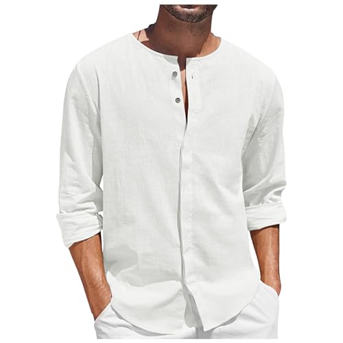 Camisa genérica para hombre de manga larga de algodón y lino con botones de cuello clásico para playa, verano casual, blanco, L