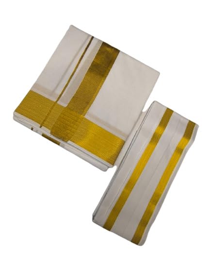 Image of Shri Bhargavas Men's Traditional Cotton Dhoti (2.0 Mtrs) + Angavastram (1.75 mtrs) - White Color with Big Golden Border