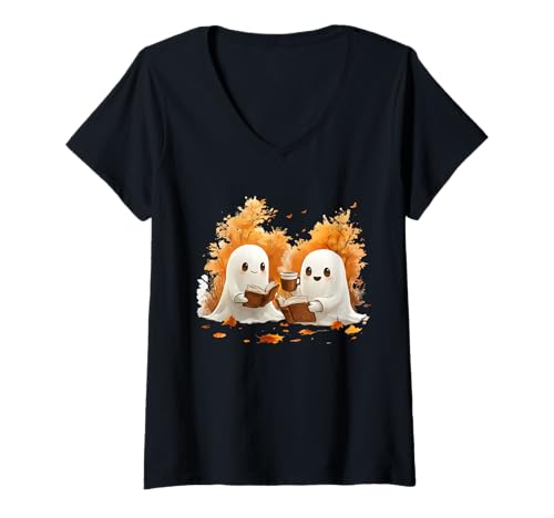 Mujer Cute Ghost Drinking Coffee Halloween Fall Autumn Costume Camiseta Cuello V