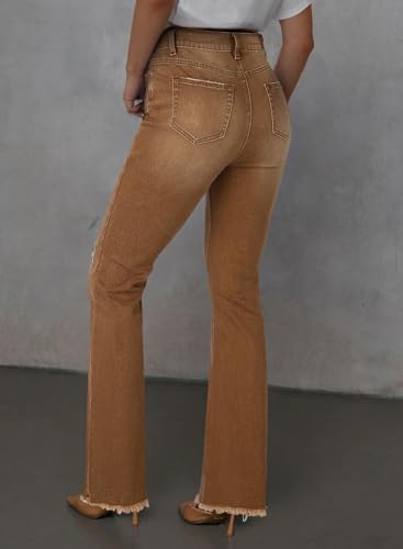 Sidefeel Women's Bell Bottom Flare Jeans High Waisted Stretchy Ripped Distressed Raw Hem Denim Pants with Pockets2