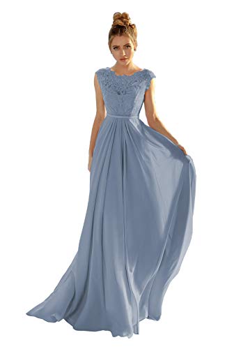 Women's Cap Sleeve A-line Lace Bodice Bridesmaid Dress Long Chiffon Evening Gown Size 14 Dusty Blue