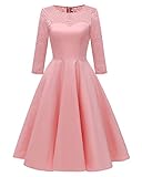 Frauen Elegante Spitze Jakobsmuschel Bardot Dip Hem Vintage Spitze Pin Up Langarm Kleid,Pink,XL