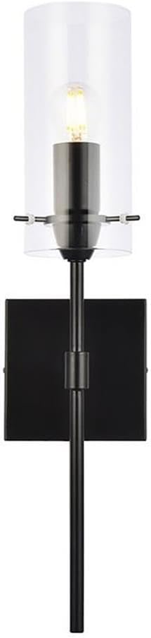 Pemberly Row Modern 1-Light Metal Wall Sconce, Black and Clear Finish, 20" H x 4.3" W x 4.7" D, Clear Glass Cylinder, Dimmable E26 Base Fixture for Bathroom, Hallway, or Living Room Lighting