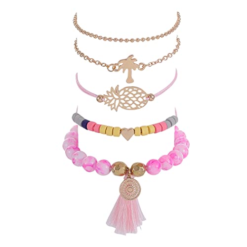 Branets Juego de 5 pulseras con borla de oro y piña, diseño bohemio con perlas y árboles, para mujeres y niñas Cover