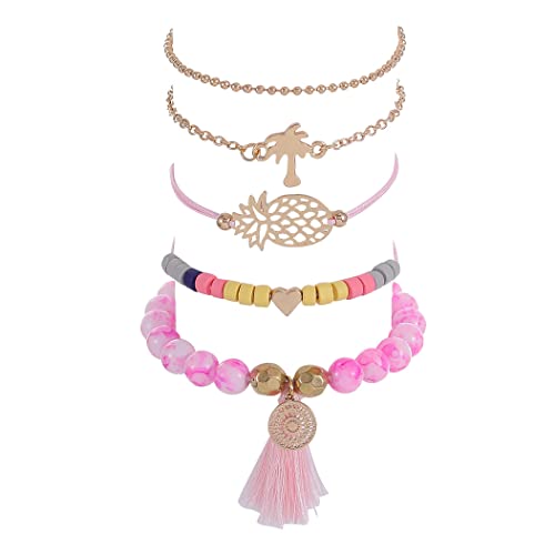 Branets Set di bracciali con nappa dorata, ananas, a forma di cuore, con perline boho, per donne e ragazze (5 pezzi)