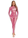 CHICTRY Wetlook Bodystocking Damen Transparent Nylon Catsuit Langarm Ganzkörper Body Rollkragen Unterhemd Achselhemd Mit Reißverschluss Rosa XXL