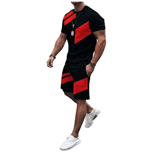 Casual Sport Set For Mens Two Piece Suit Colorblock O-Neck Short Sleeve Fit Tee Shirts Short Loose Set With Pocket Black And Red #TOP2