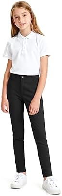 KEREDA Girls School Uniform Slim Fit Pants with Pockets - Elastic Waist Black Skinny Pants for Teen...