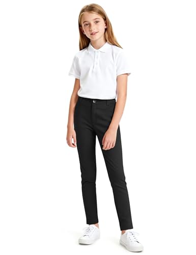 KEREDA Girls School Uniform Slim Fit Pants with Pockets - Elastic Waist Black Skinny Pants for Teen Girls, Age 7-8 Years