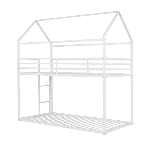 Lifeand Twin Over Twin Bunk Beds For Kids,Metal House Bunk Bed Frame With Built-In Ladder,No Box Spring Needed,White #TOP2