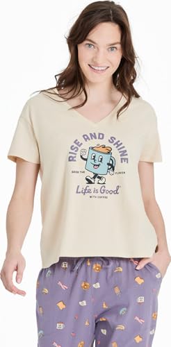 Life is Good - Womens Rise and Shine Coffee Snuggle Up Sleep T-Shirt, Putty White, XXL