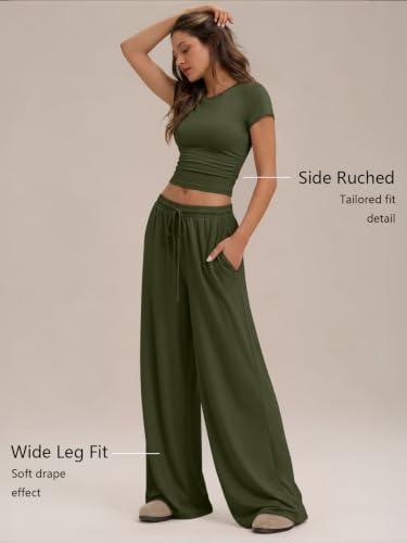 Image of Trendy Queen Women's 2 Piece Matching Summer Lounge Set with Pockets | Vacation Airport Travel Outfits, Workout Gym Clothing Comfy Athleisure Clothes, Side-ruched Top, Drawstring Wide Leg Pants