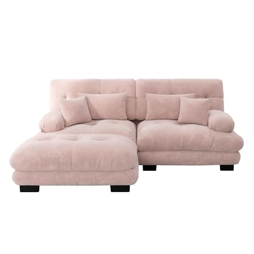 Miniatura 5 de Sofá Esquinero De Chenilla Rosa Para Salón, Sofá Doble Con 2 Cojines Lumbares Y 2 Cojines Decorativos Sofá Tapizado Con Amplios Reposabrazos Y Otomano