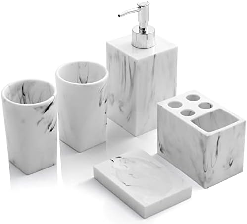 Bathroom Accessories Set, 5 Pcs Marble Look Bathroom Sets, Resin White Bathroom Accessory Set with Soap Dispenser, Toothbrush Holder, Toothbrush Cup, Soap Dish for Home Apartment Bathroom Decor