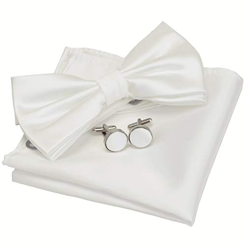 Image of GUSLESON Men's 3-pc Solid Color Bow Tie Gift Set - Double‑Fold Pre-Tied Bow Tie, Pocket Square, Cufflinks - Wedding Formal Party