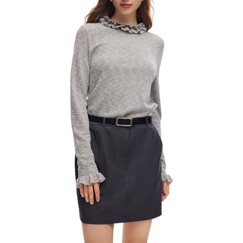 GOELIA Women's Ruffle Neckline Knit Top Long Sleeve Basic Crew