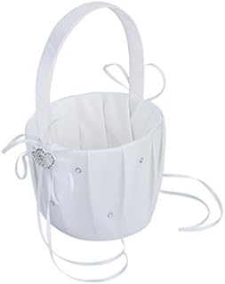 Kcopo Wedding Floral Flower Girl Basket Satin Double Heart Flower Basket Crystal Strass 12.5 cm White